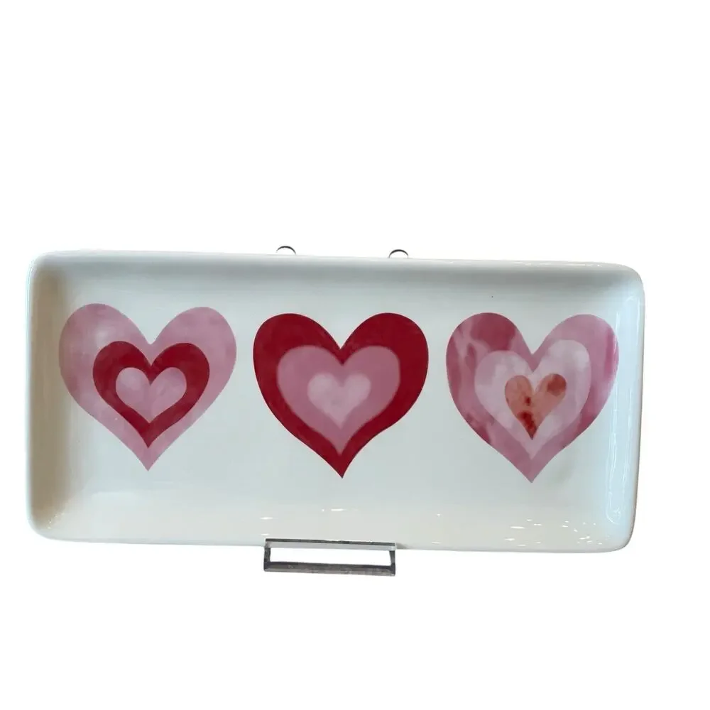MAXCERA Hearts Serving Platter 5x11 Ceramic Pink Red Valentines Day Decor NEW